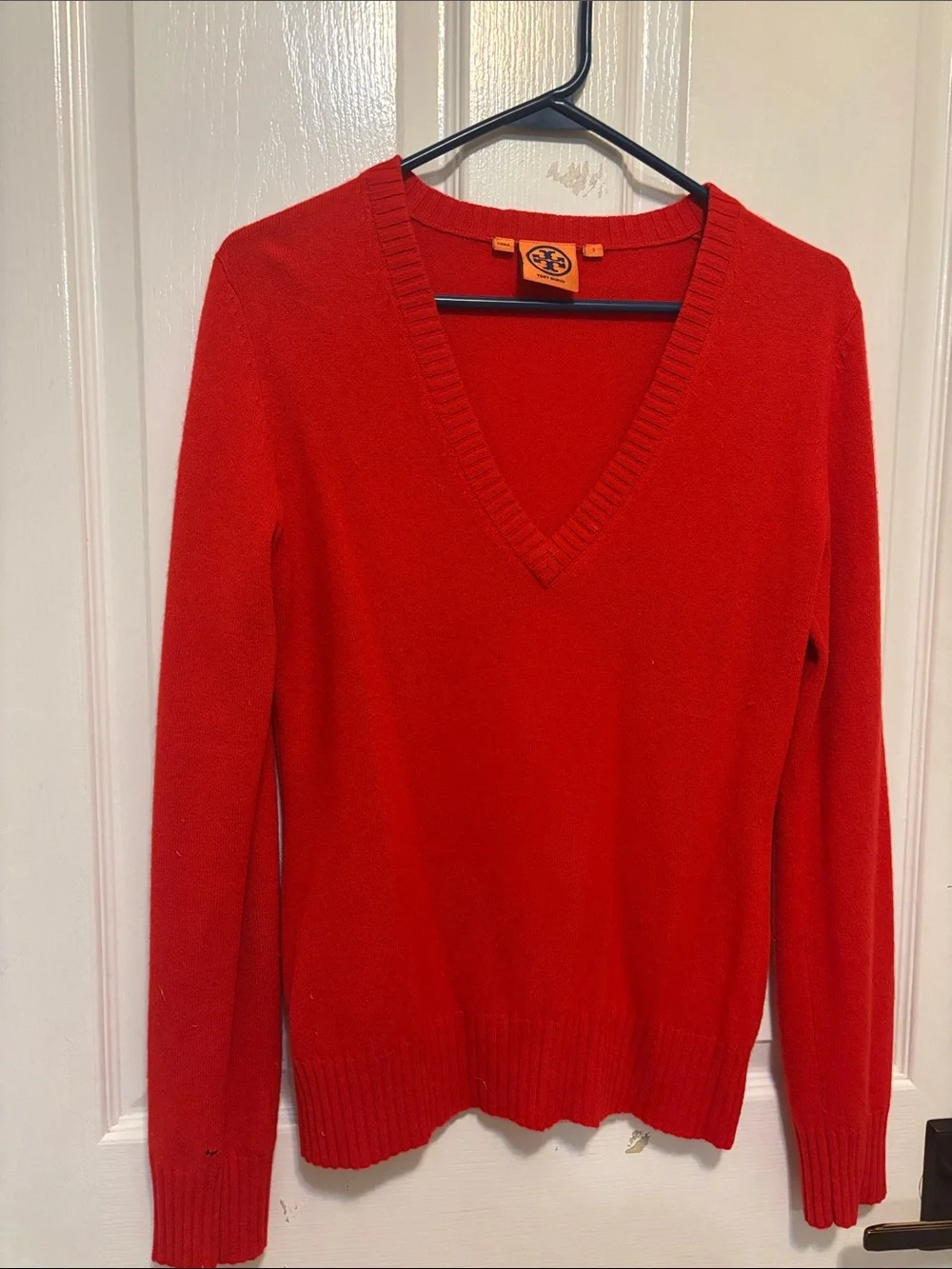 Tory Burch Bright Red V-Neck Knit Sweater Sz Small - Picture 3 of 6